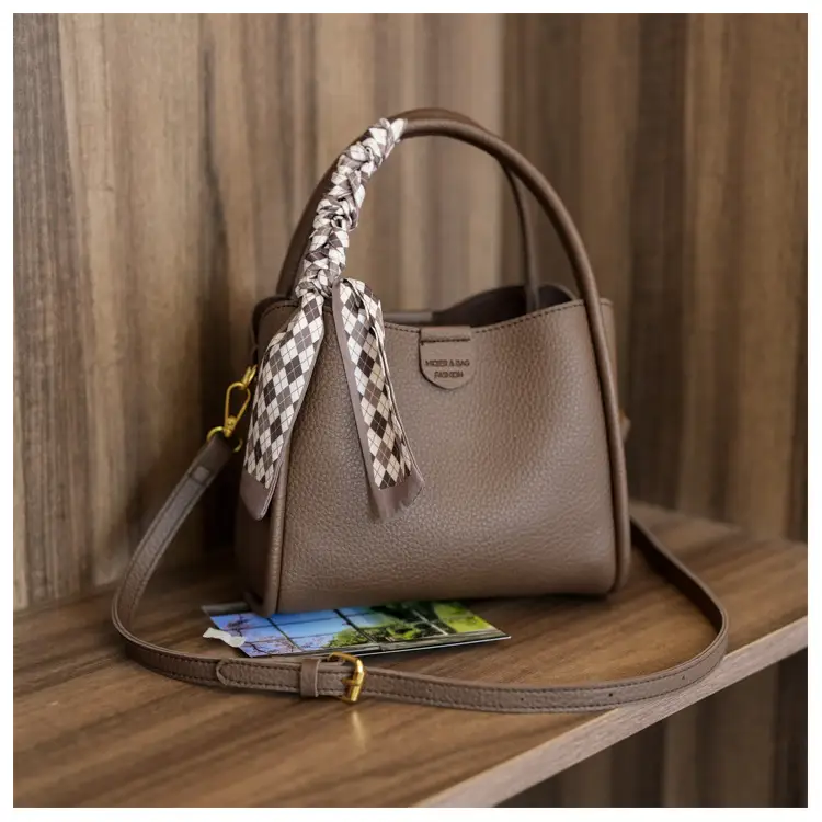 Women's Brown Leather Bucket Bag with Bow Handle — feature 36