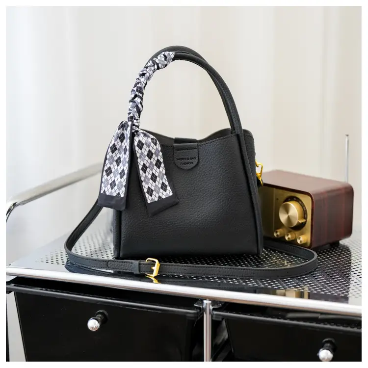 Women's Brown Leather Bucket Bag with Bow Handle — feature 37