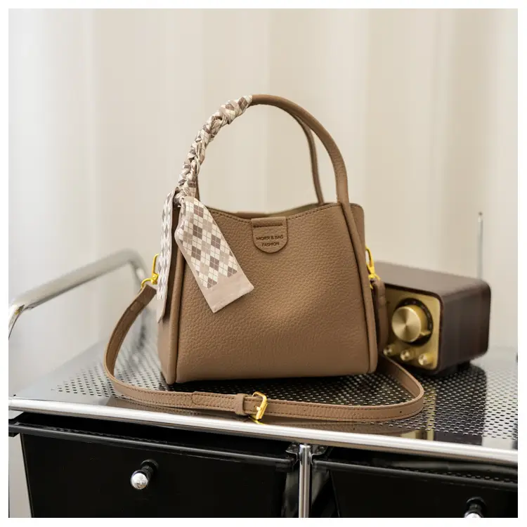 Women's Brown Leather Bucket Bag with Bow Handle — feature 38