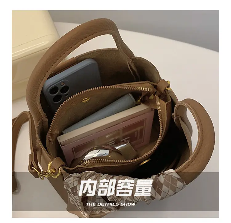 Women's Brown Leather Bucket Bag with Bow Handle — feature 8