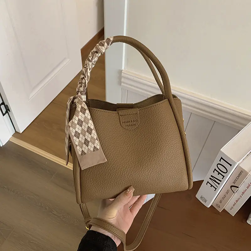 Women's Brown Leather Bucket Bag with Bow Handle - Image 2