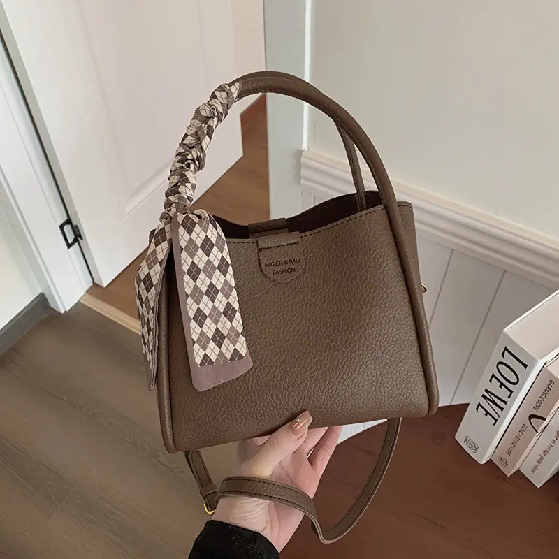 Women's Brown Leather Bucket Bag with Bow Handle - Image 3