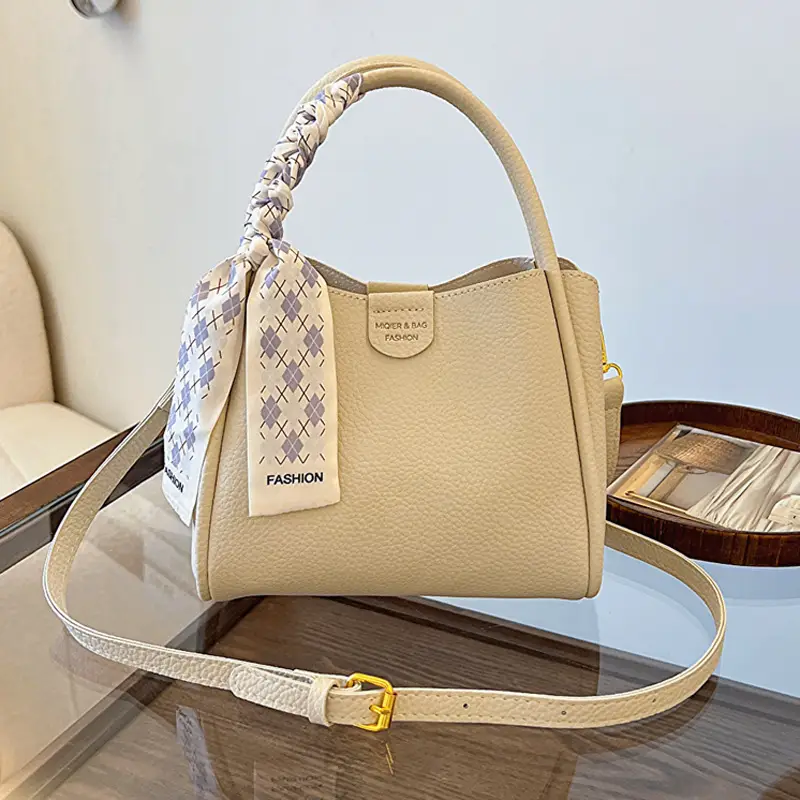 Women's Brown Leather Bucket Bag with Bow Handle - Image 4