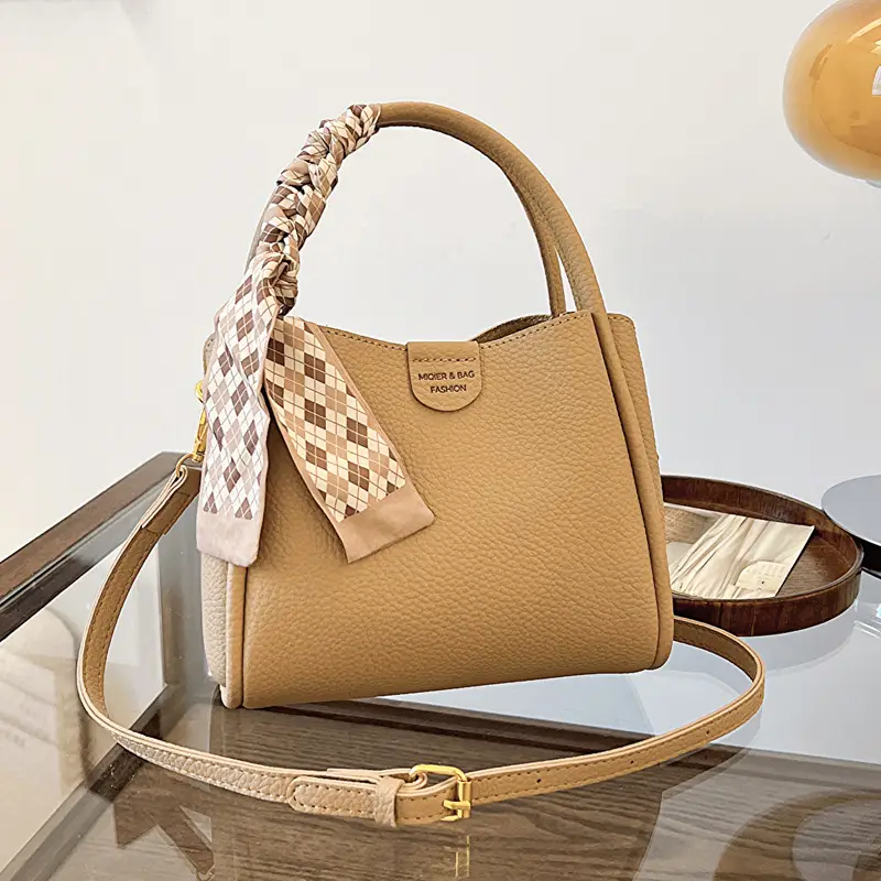 Women's Brown Leather Bucket Bag with Bow Handle - Image 5