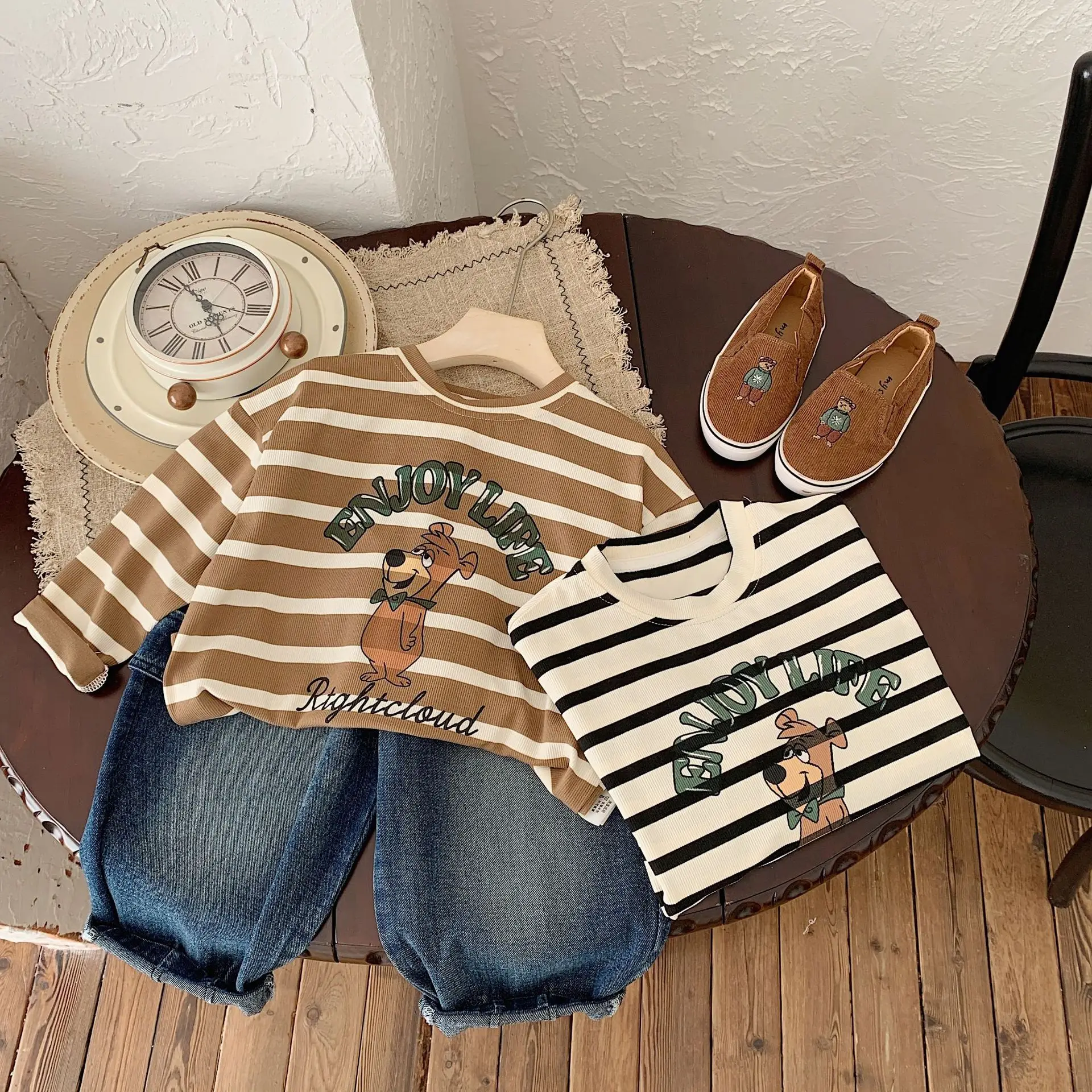 Girls Striped T-Shirt Bear Print Long Sleeve Set - Image 4