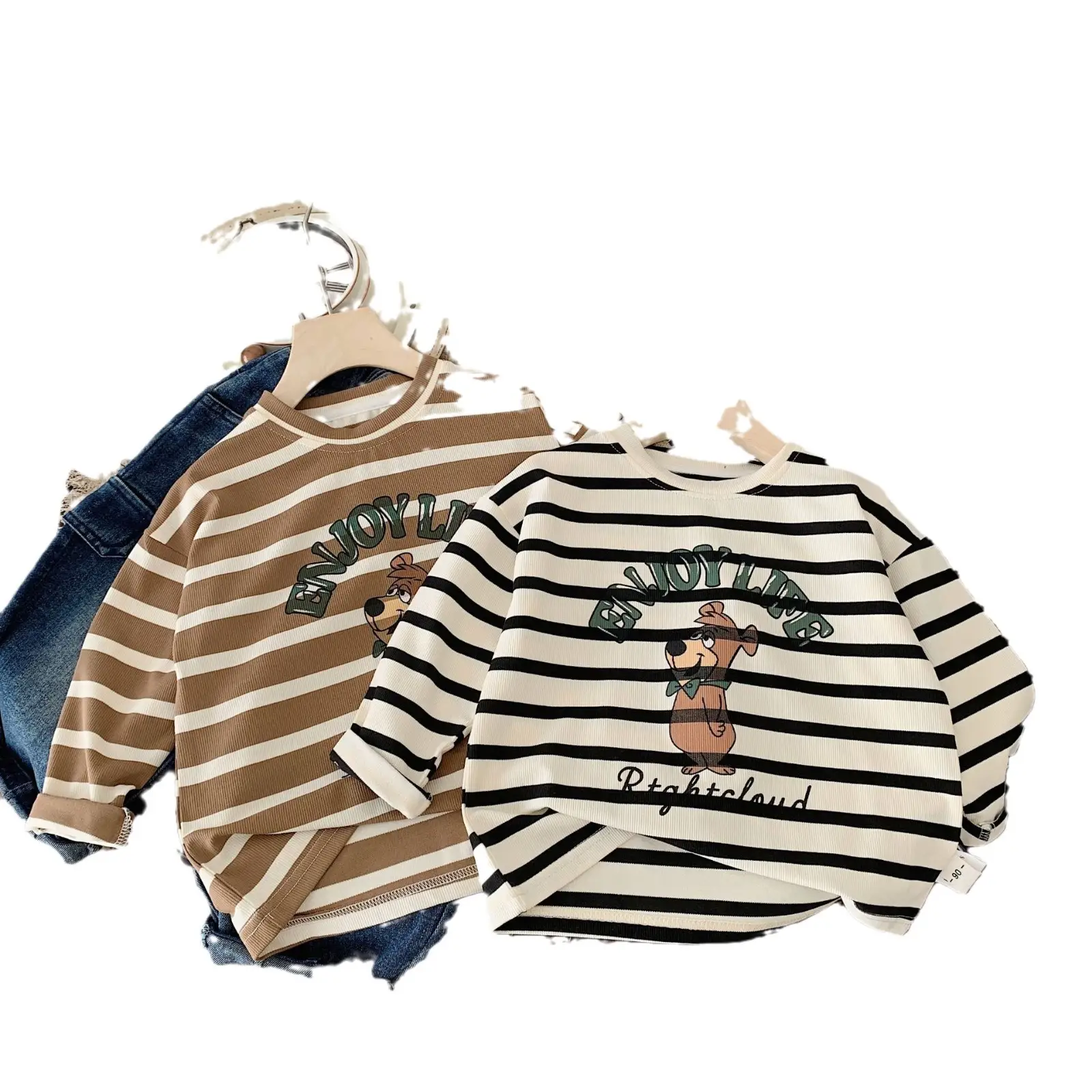 Girls Striped T-Shirt Bear Print Long Sleeve Set - Image 5