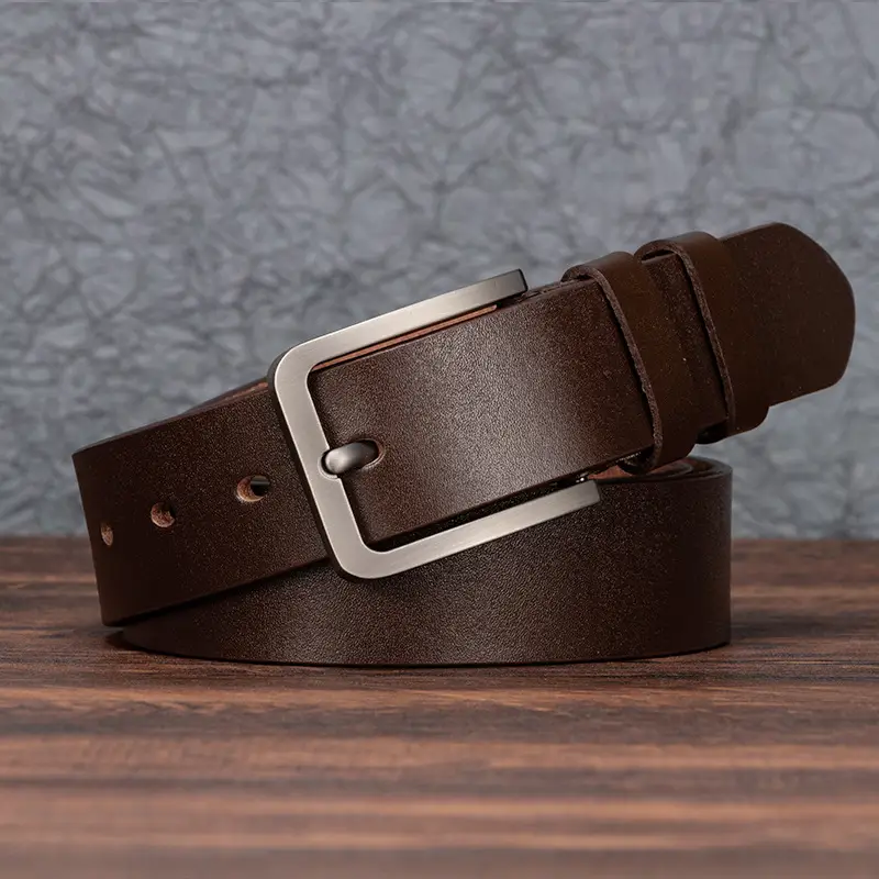 Men's Genuine Leather Belt Brown Pin Buckle - Image 5