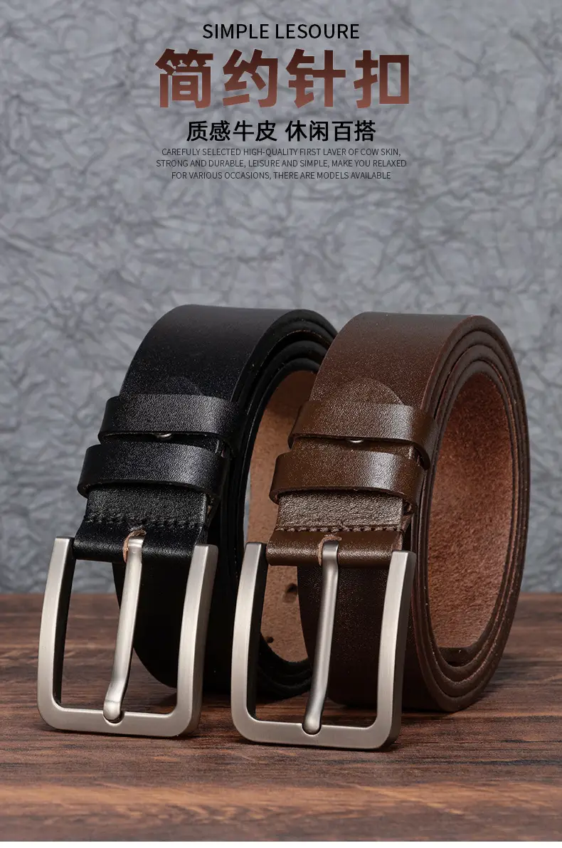 Men's Genuine Leather Belt Brown Pin Buckle — feature 2
