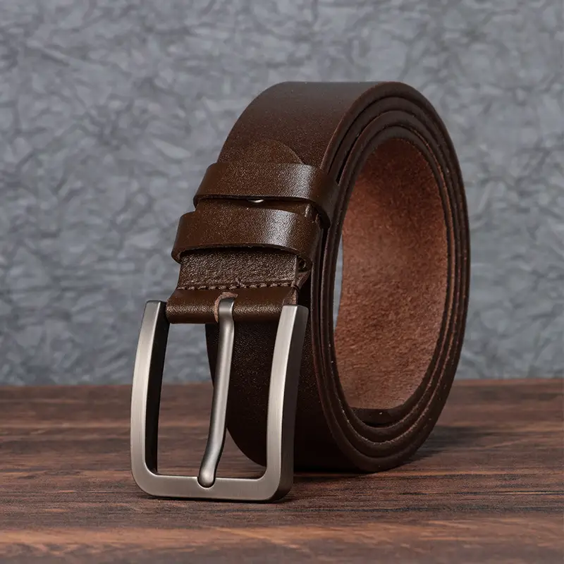 Men's Genuine Leather Belt Brown Pin Buckle - Image 2