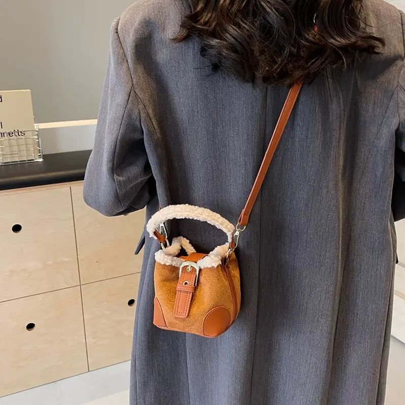 Lamb Wool Mini Bucket Bag Brown 2024 - Image 6