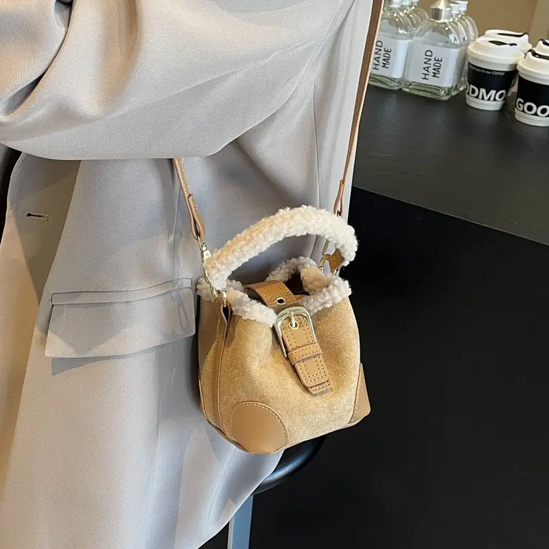 Lamb Wool Mini Bucket Bag Brown 2024 - Image 8