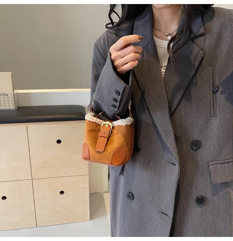 Lamb Wool Mini Bucket Bag Brown 2024 — feature 32