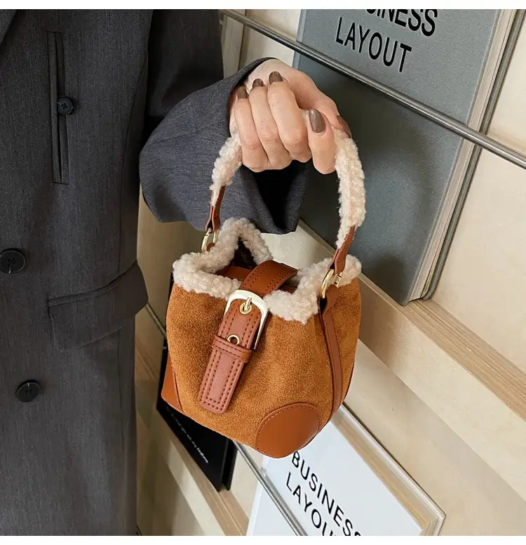 Lamb Wool Mini Bucket Bag Brown 2024 — feature 33