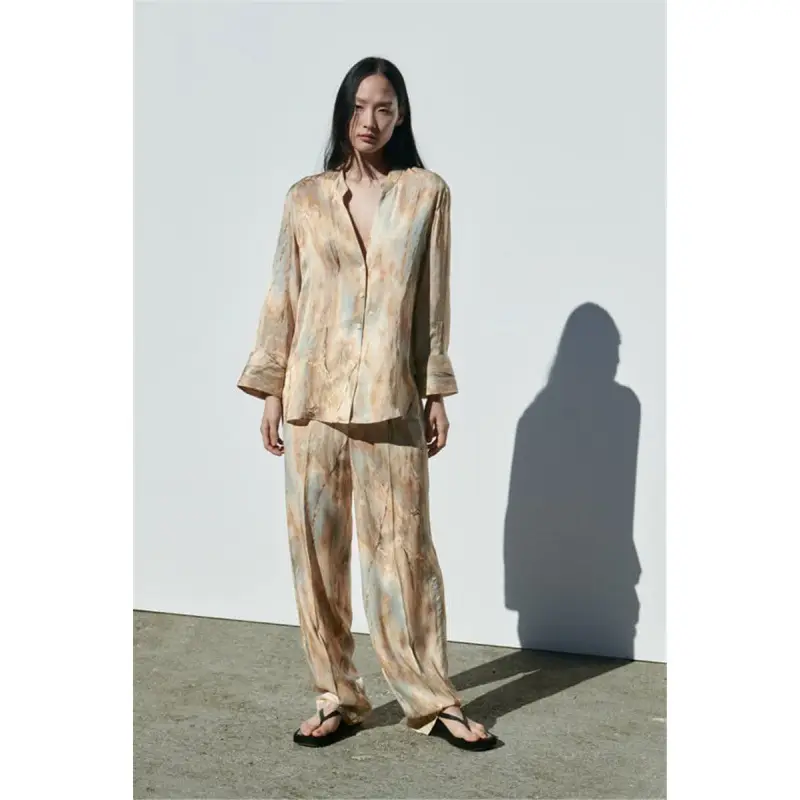 Foreign trade 2023 spring new tie-dyed silk satin texture printed shirt mid-waist straight trousers suit 2474010