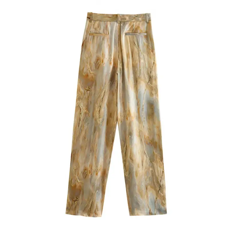 Foreign trade 2023 spring new tie-dyed silk satin texture printed shirt mid-waist straight trousers suit 2474010