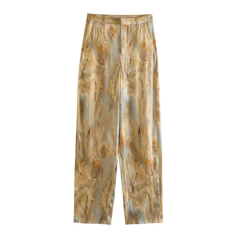 Foreign trade 2023 spring new tie-dyed silk satin texture printed shirt mid-waist straight trousers suit 2474010