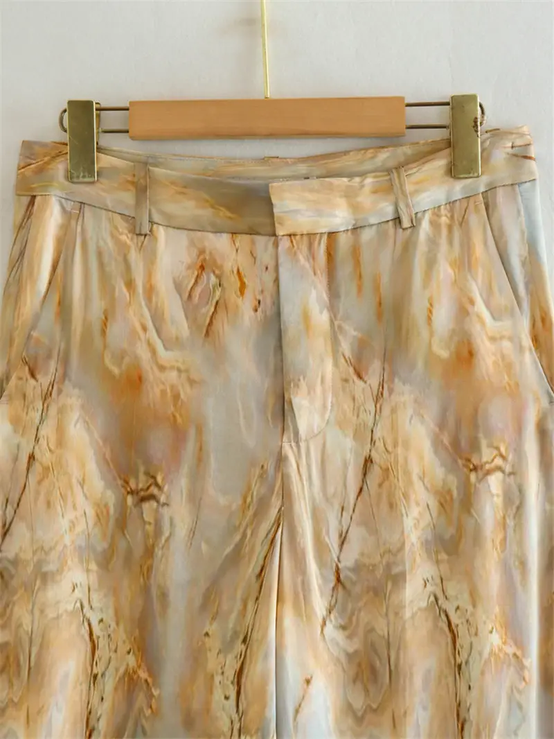 Foreign trade 2023 spring new tie-dyed silk satin texture printed shirt mid-waist straight trousers suit 2474010 — feature 11
