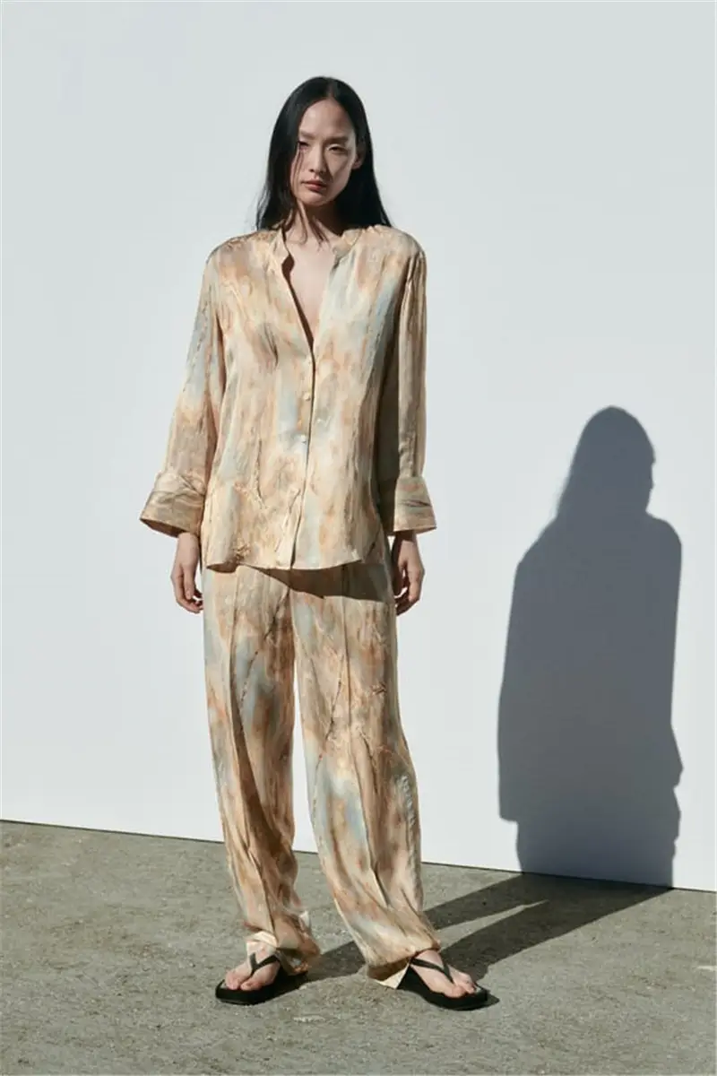 Foreign trade 2023 spring new tie-dyed silk satin texture printed shirt mid-waist straight trousers suit 2474010 — feature 3