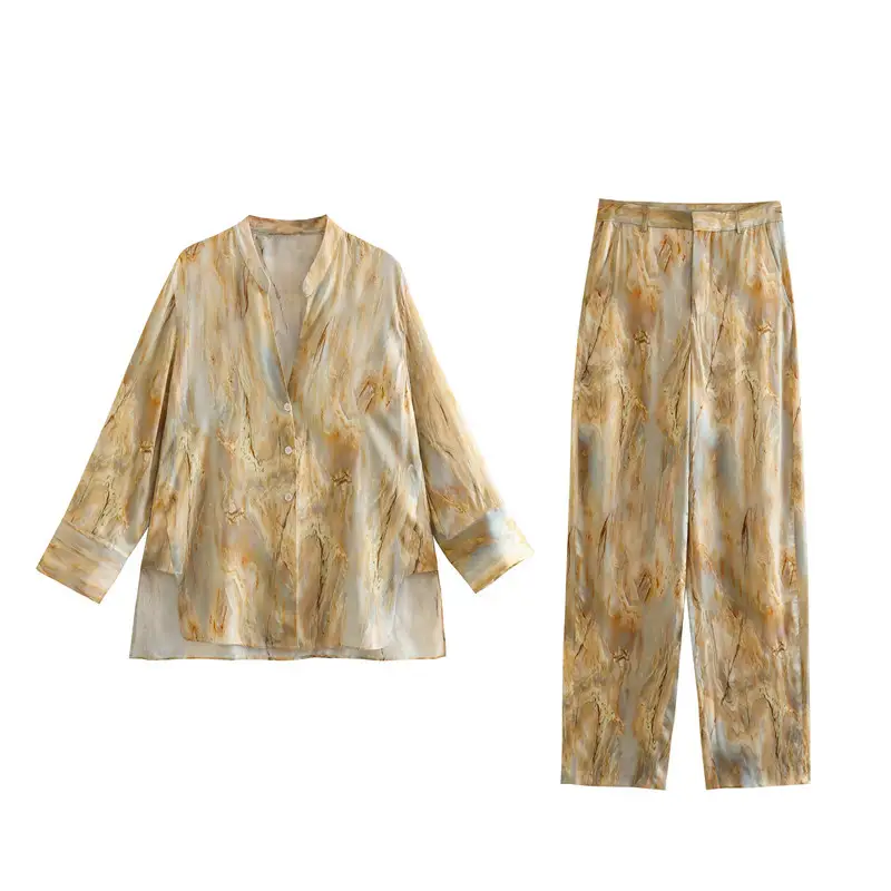 Foreign trade 2023 spring new tie-dyed silk satin texture printed shirt mid-waist straight trousers suit 2474010 — feature 4