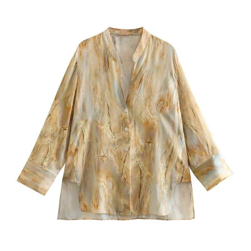 Foreign trade 2023 spring new tie-dyed silk satin texture printed shirt mid-waist straight trousers suit 2474010 — feature 5