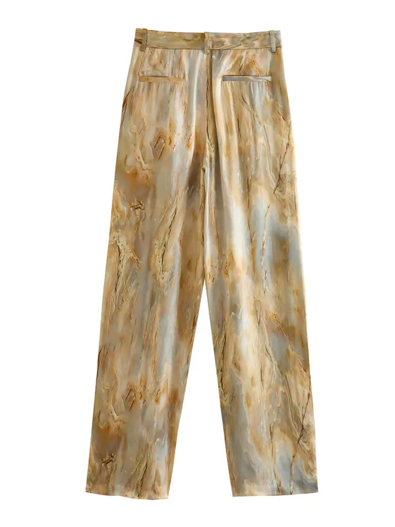 Foreign trade 2023 spring new tie-dyed silk satin texture printed shirt mid-waist straight trousers suit 2474010 — feature 7