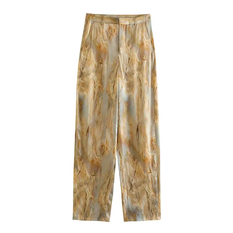 Foreign trade 2023 spring new tie-dyed silk satin texture printed shirt mid-waist straight trousers suit 2474010 — feature 8