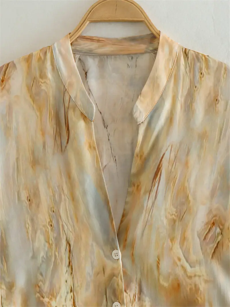 Foreign trade 2023 spring new tie-dyed silk satin texture printed shirt mid-waist straight trousers suit 2474010 — feature 9
