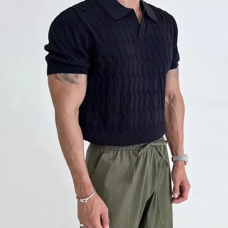 Men White Knitted V Neck Polo T-Shirt