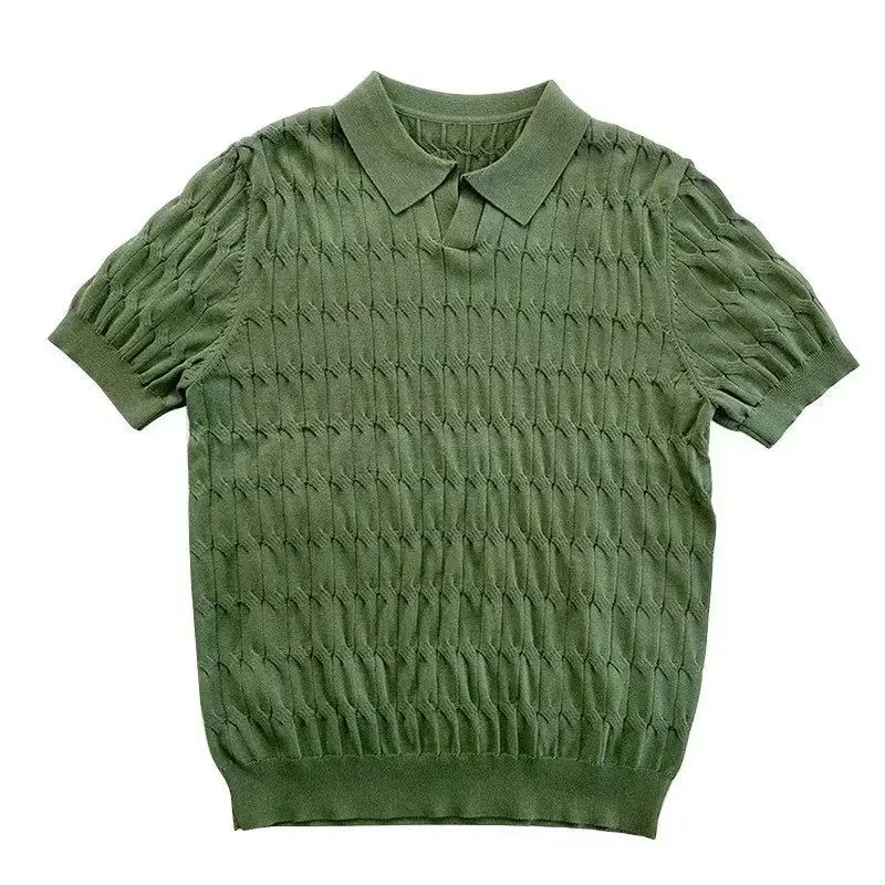 Men White Knitted V Neck Polo T-Shirt