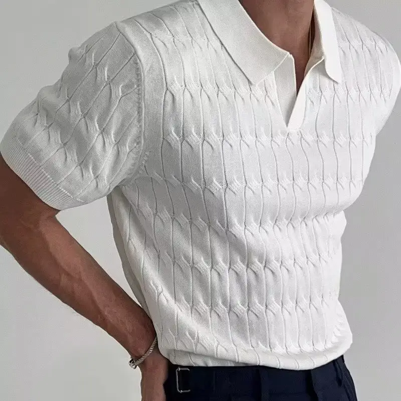 Men White Knitted V Neck Polo T-Shirt