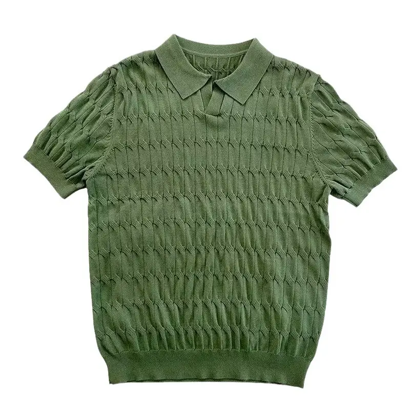 Men White Knitted V Neck Polo T-Shirt