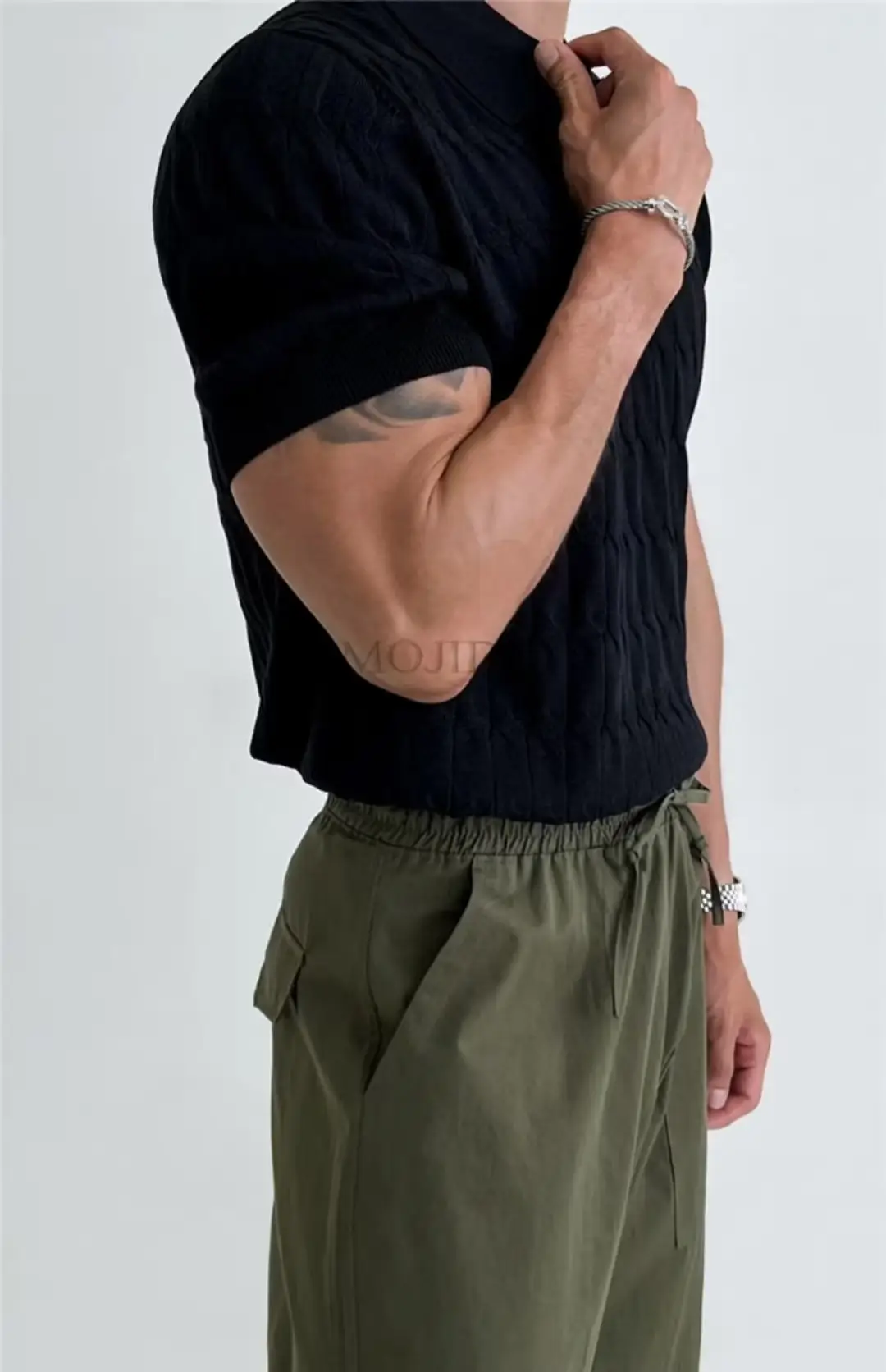 Men White Knitted V Neck Polo T-Shirt — feature 11