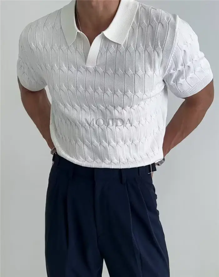 Men White Knitted V Neck Polo T-Shirt — feature 3