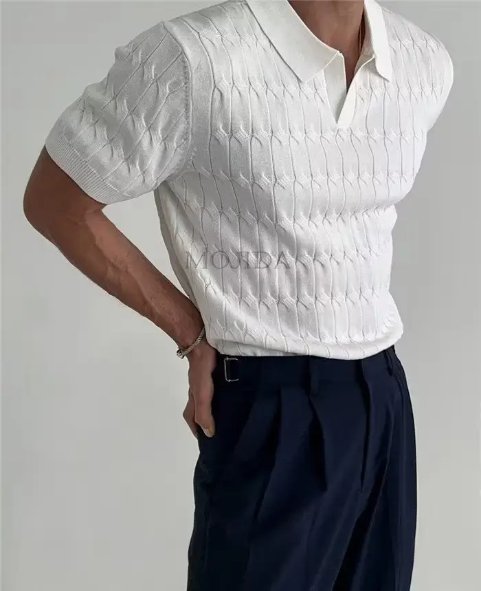 Men White Knitted V Neck Polo T-Shirt — feature 4