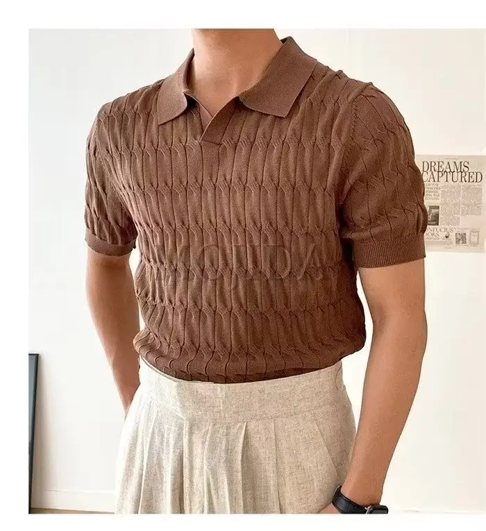 Men White Knitted V Neck Polo T-Shirt — feature 5
