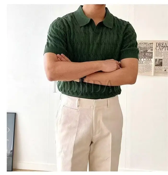 Men White Knitted V Neck Polo T-Shirt — feature 6