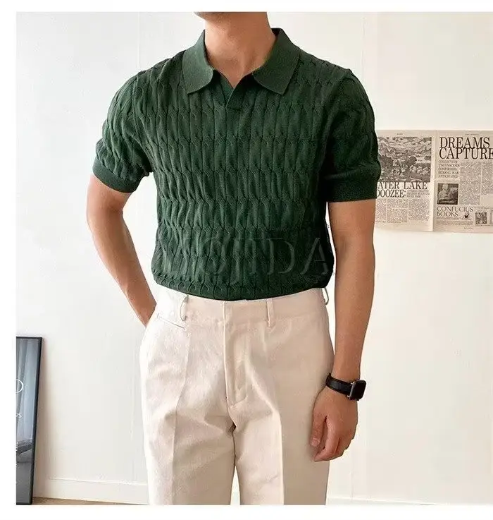 Men White Knitted V Neck Polo T-Shirt — feature 7