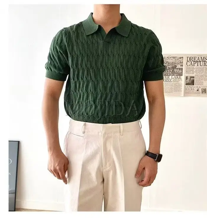 Men White Knitted V Neck Polo T-Shirt — feature 8