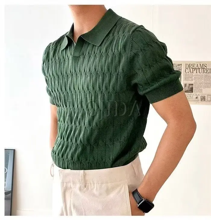 Men White Knitted V Neck Polo T-Shirt — feature 9