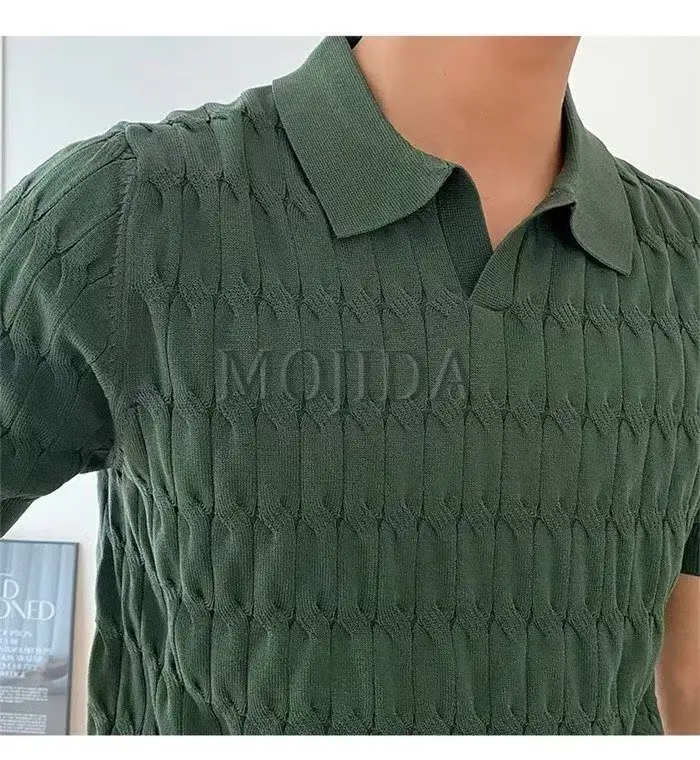 Men White Knitted V Neck Polo T-Shirt