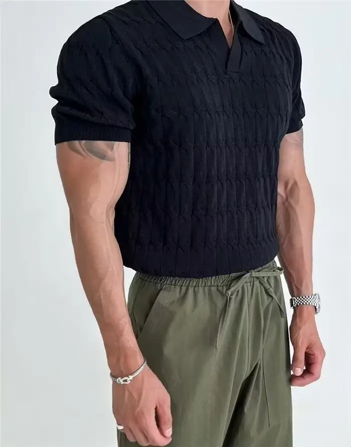 Men White Knitted V Neck Polo T-Shirt