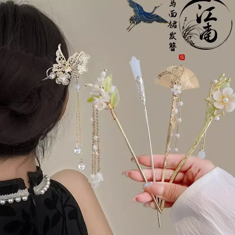 Women's Hanfu Hairpin with Tassels Gold Plated