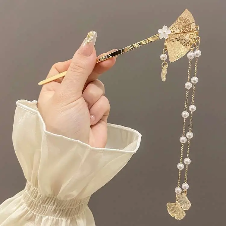 Women's Hanfu Hairpin with Tassels Gold Plated