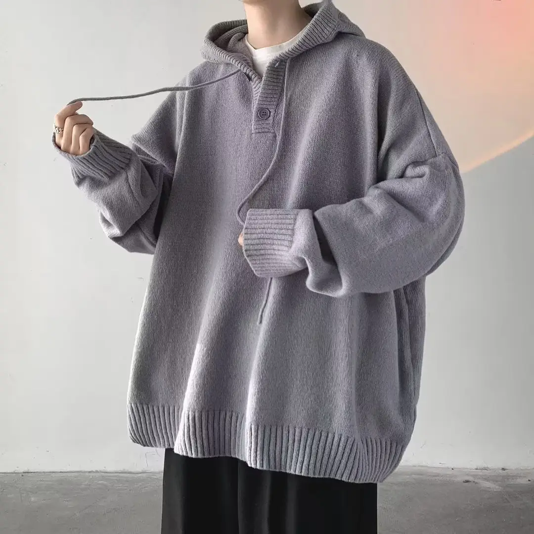 Grey Japanese Retro Hooded Knitted Sweater Jacket - Image 10