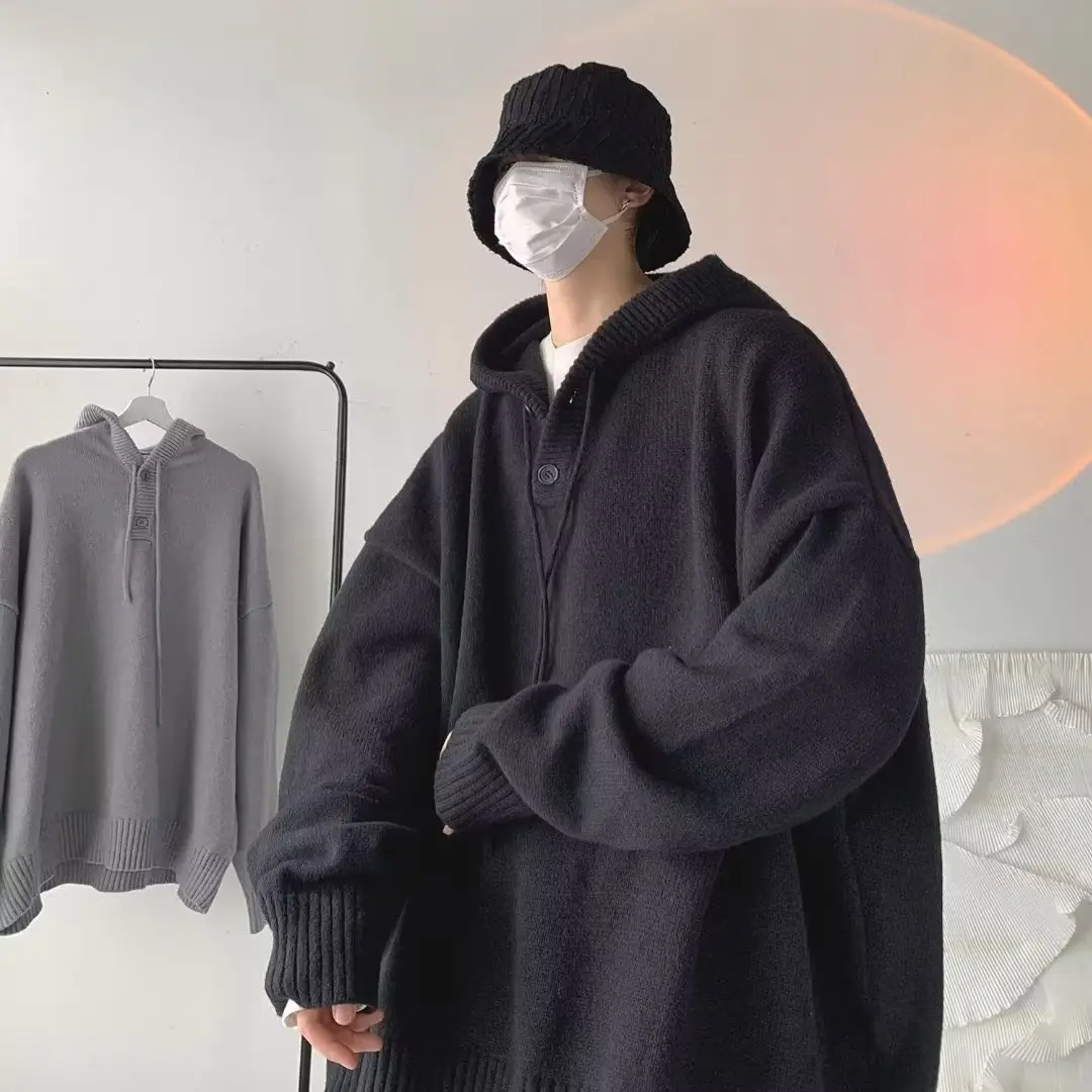 Grey Japanese Retro Hooded Knitted Sweater Jacket - Image 11