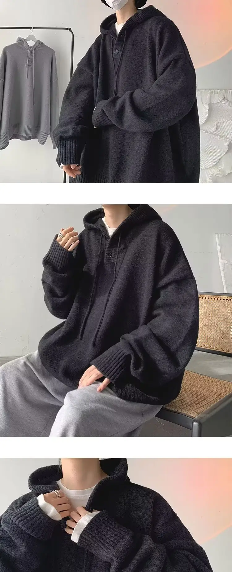 Grey Japanese Retro Hooded Knitted Sweater Jacket — feature 3