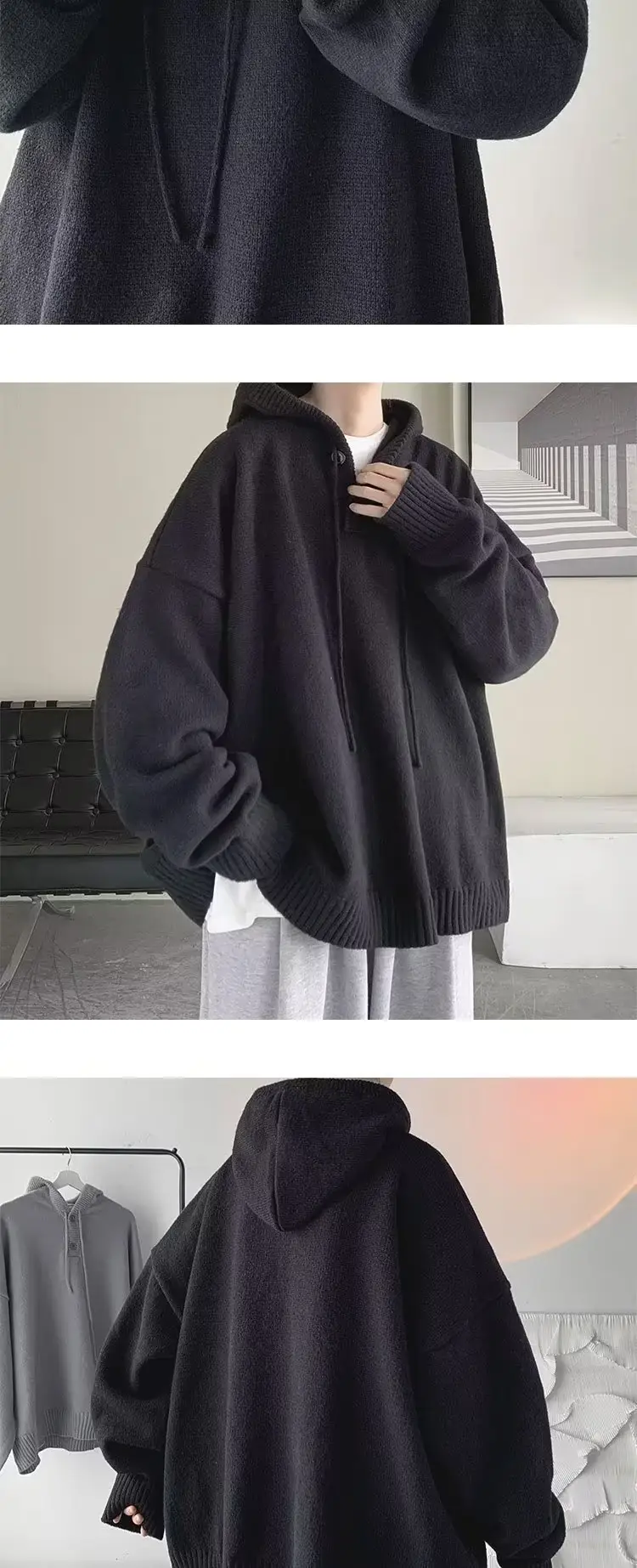 Grey Japanese Retro Hooded Knitted Sweater Jacket — feature 4