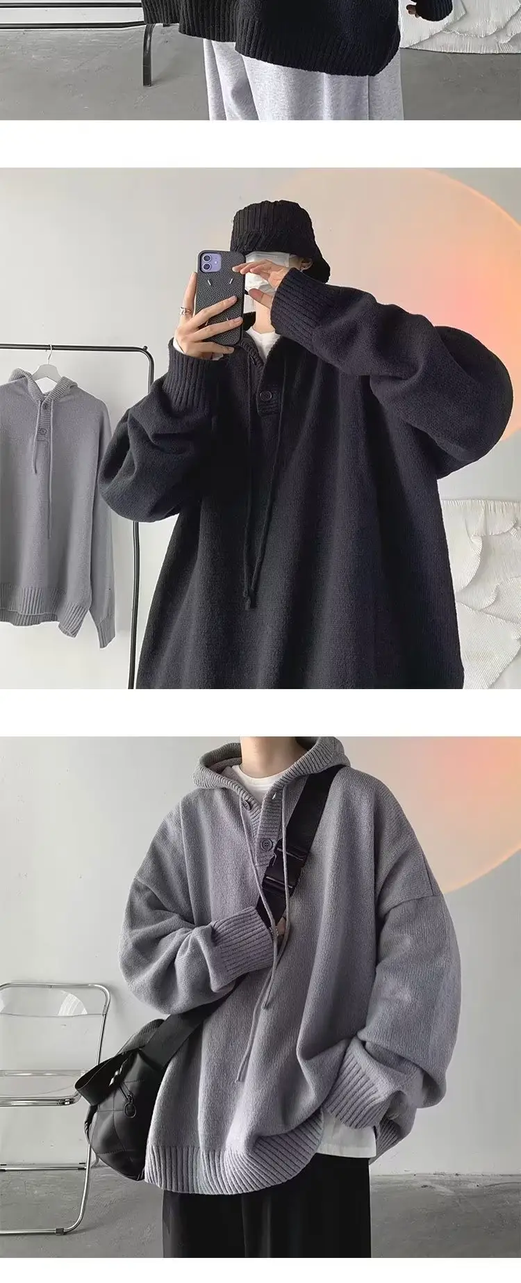 Grey Japanese Retro Hooded Knitted Sweater Jacket — feature 5