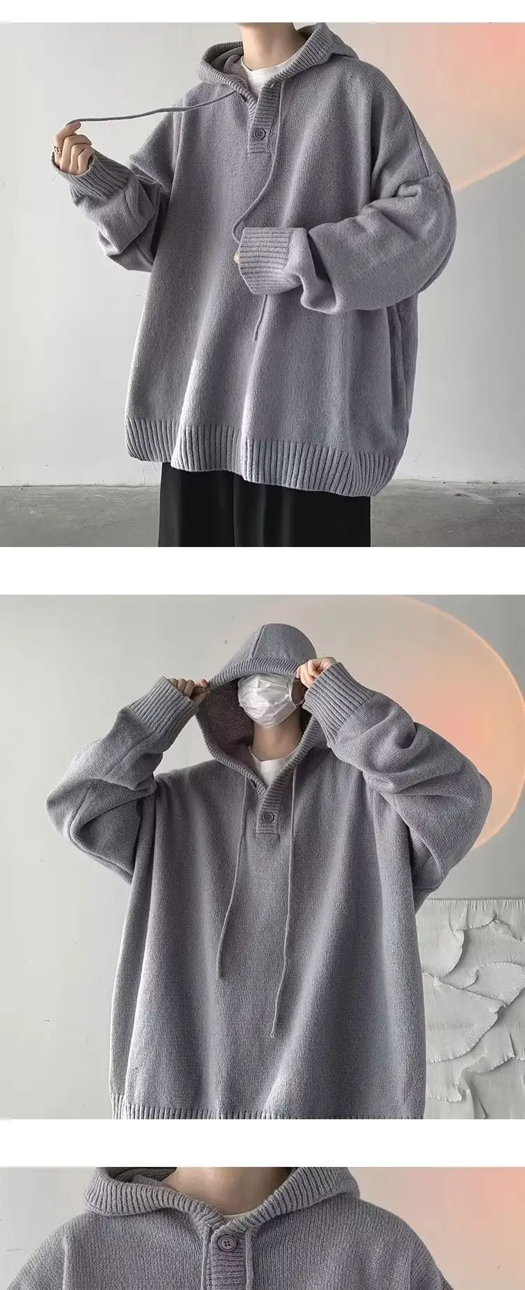 Grey Japanese Retro Hooded Knitted Sweater Jacket — feature 6