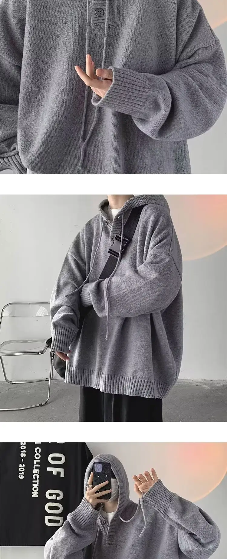 Grey Japanese Retro Hooded Knitted Sweater Jacket — feature 7